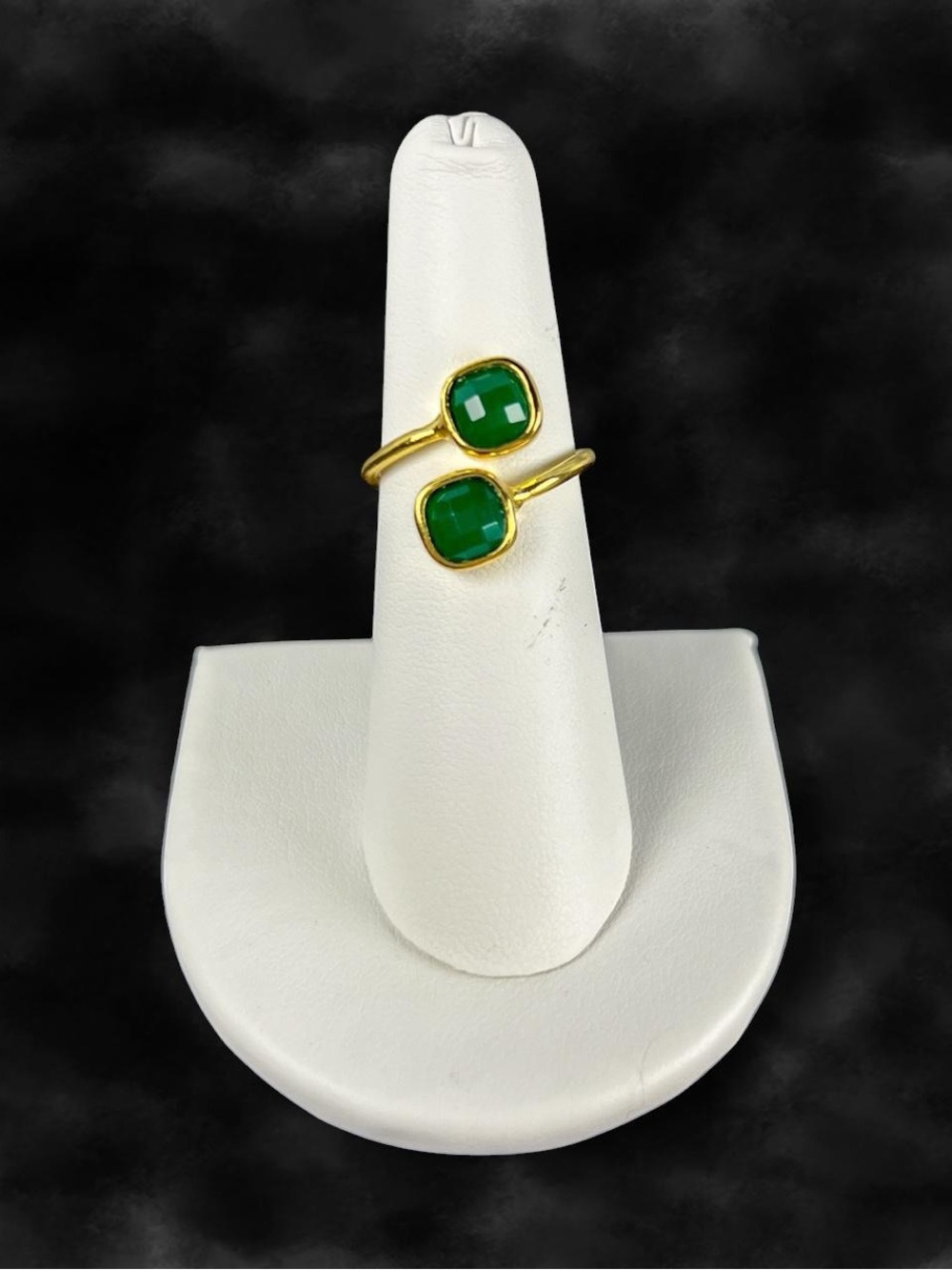 Green Two Stone Bypass Ring Gold Tone Cushion Cut Toi Et Moi Size 6